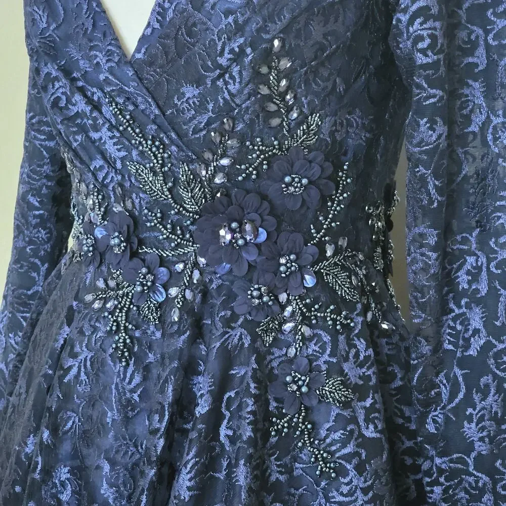 Mac Duggal 112181 Navy Blue Long Sleeve Floral Midi Tea Length Formal Dress 4 - Picture 8 of 11